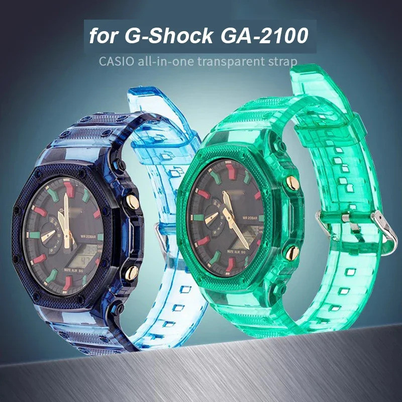 สายเรซิ่นสําหรับ Casio G-Shock GA-2100 ผู้ชายผู้หญิงเปลี่ยน TPU ยางโปร่งใส Gradient Band นาฬิกาอุปกร