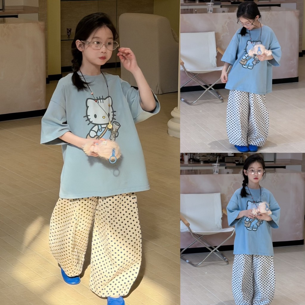 PRETTY BABY เสื้อยืดเด็ก เสื้อยืดโอเวอร์ไซส์ ลายการ์ตุน กางเกงขายาวเด็ก ลายจุด (1971)