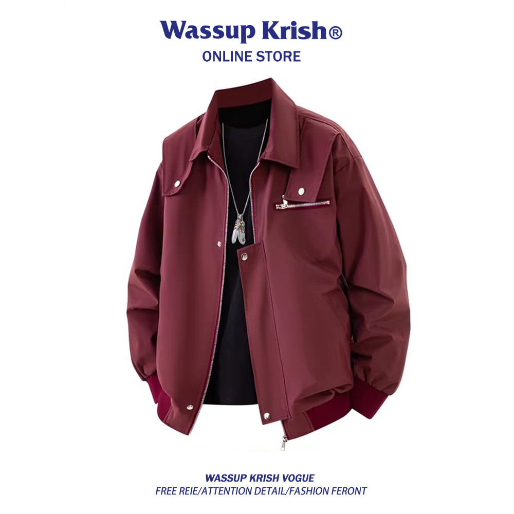 WASSUP KRISH Red Workwear เสื้อแจ็คเก็ตเที่ยวบินผู้ชายฤดูใบไม้ผลิ 2026 สไตล์ใหม่อเมริกันออกแบบเสื้อผ