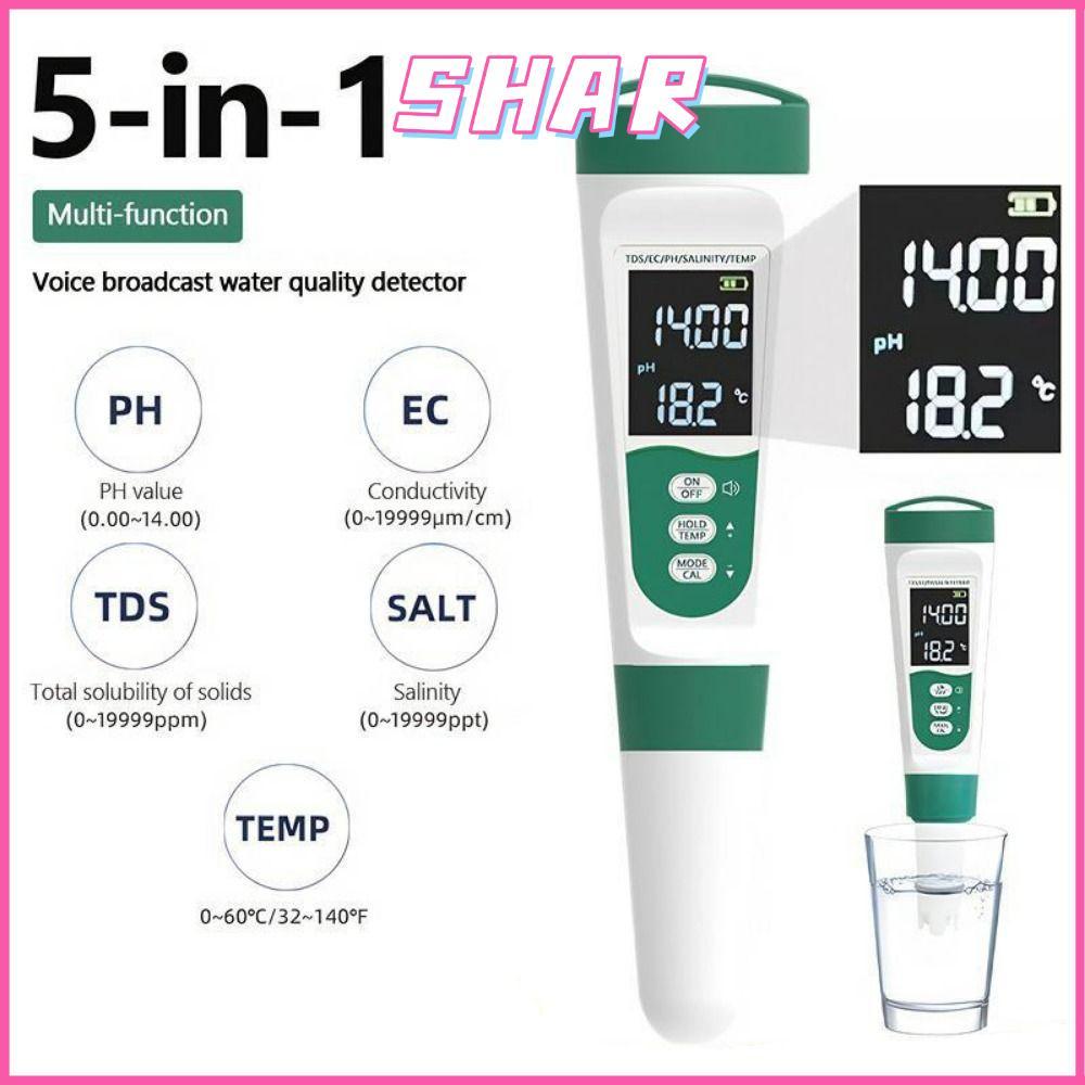 SHAR ปากกาทดสอบน้ํา, 0-9999PPM 5 in1 ปากกาทดสอบคุณภาพน้ํา, มัลติฟังก์ชั่นจอแสดงผล LCD กันน้ํา PH Met