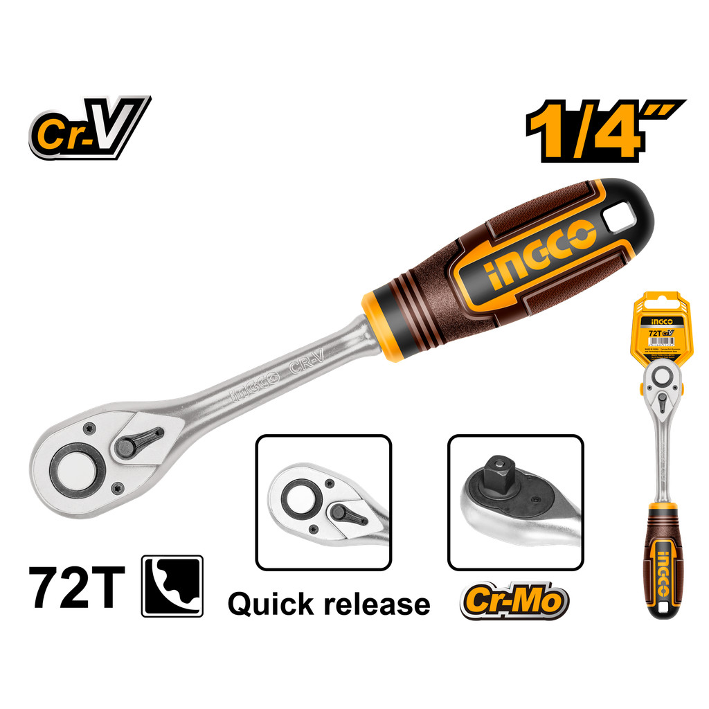 INGCO ด้ามฟรี 1/4 นิ้ว (2 หุน) 72 ฟัน รุ่น HRTH0814 วัสดุ Cr-V+CrMo แข็งแรงทนทาน (Ratchet Wrench)