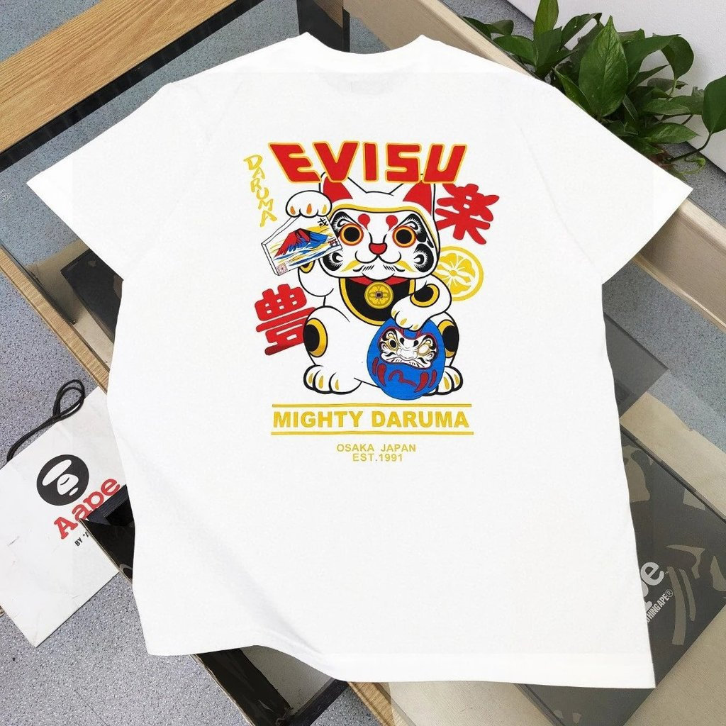 EVISU/เทพเจ้าแห่งโชคลาภ/6XL คลาสสิกรอบคอแขนสั้นเสื้อยืดผู้ชายผู้หญิงสไตล์ขนาดใหญ่ Top Heavy Bottomin