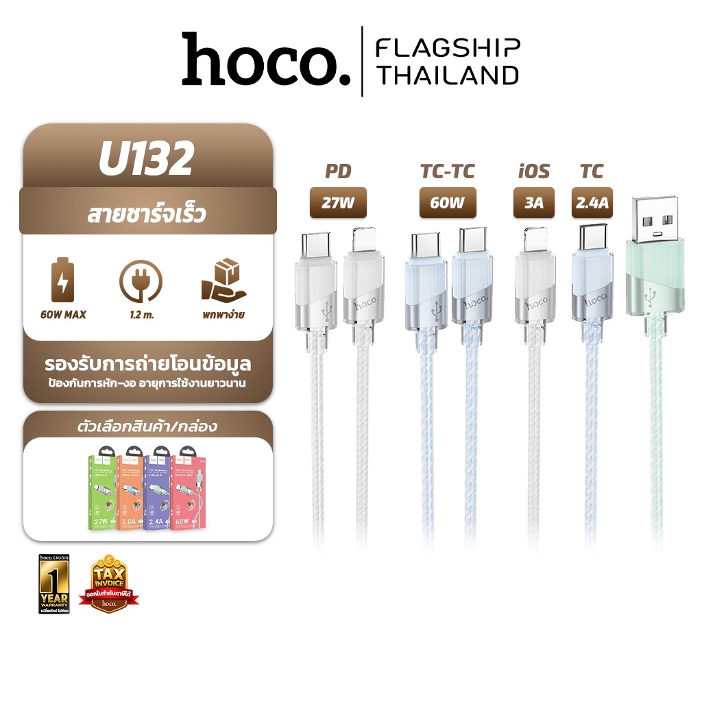 HOCO U132 สายชาร์จเร็ว สำหรับ TC-TC /  PD / Type-C / iOS ชาร์จเร็ว จ่ายไฟ 60W สายถักหุ้มซิลิโคน ไม่พ