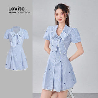 (NEW) (Lovito Refine) ชุดเดรส สไตล์เรียบๆ แบบมีกระดุม เสื้อก…