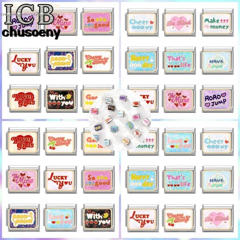 ยอดนิยม Love การ์ตูนหัวใจ Blingbling Letter อิตาเลี่ยน Charm Links Fit 9 มม.สร้อยข้อมือสแตนเลสทําเครื่องประดับ