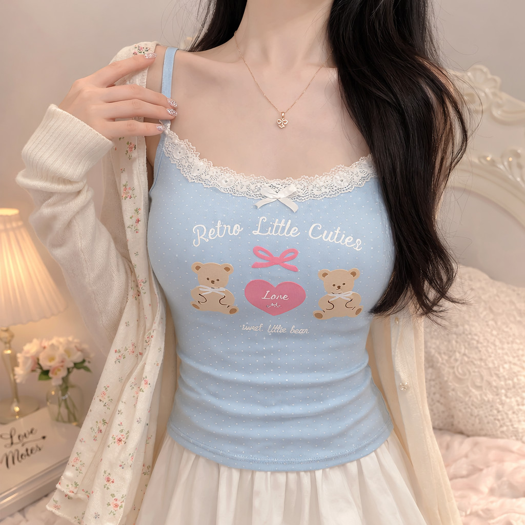 เสื้อสายเดี่ยวสุดหวาน เสริมฟองน้ำในตัว ผ้านิ่มยืด ใส่สบาย แมทช์ง่าย tzh334#