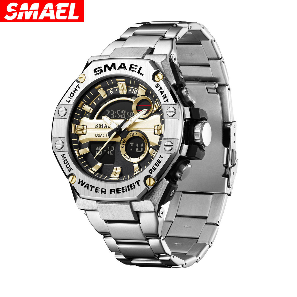 ️ SMAEL SMAEL Alloy Steel Band Dual Display Electronic Watch Mens Waterproof Alarm Clock Multi-Funct