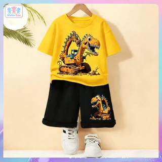 ชุดเสื้อ+กางเกงขาสั้นเด็กชาย ลายไดโนเสาร์รูปรถขุดสีเหลือง สไตล์เท่ห์ๆ คุณภาพดี ใส่สบาย
