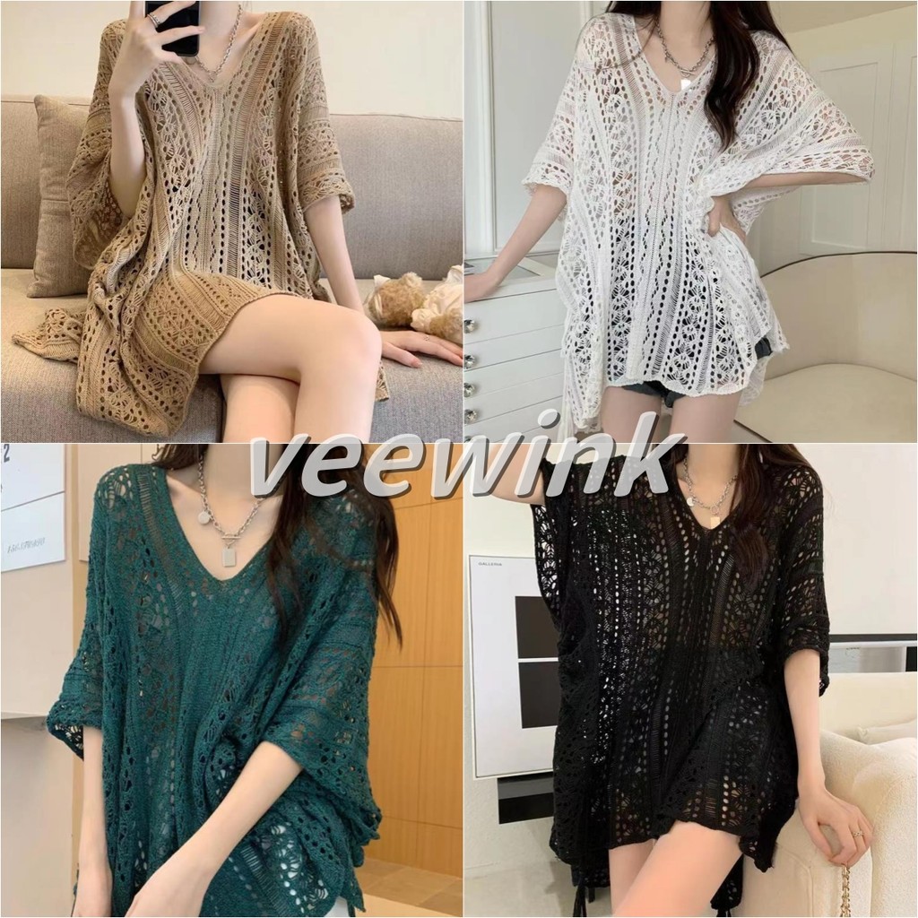 Veewink เสื้อถักแขนสั้นคอวีฉลุ ทรงหลวม ดีไซน์เก๋ เนื้อบางเบา กันแดด ใส่เป็นตัวนอก ลุคสบาย