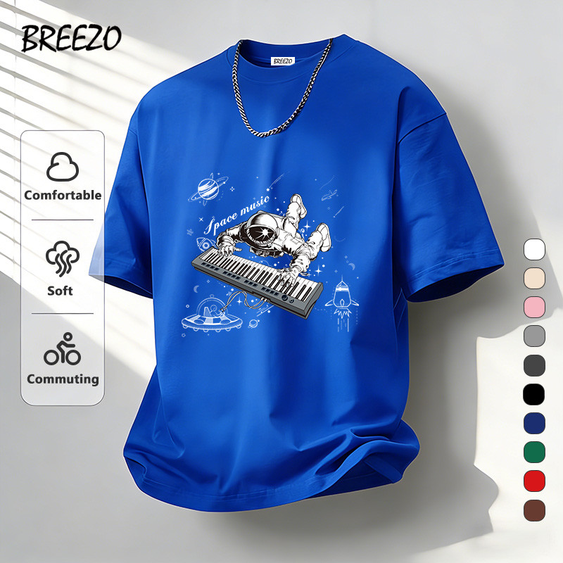เสื้อยืดผู้ชาย ผ้าฝ้าย สวมใส่สบาย ระบายอากาศได้ Space-themed T-shirt ลายพิมพ์การ์ตูนน่ารัก ฤดูร้อน ใหม่