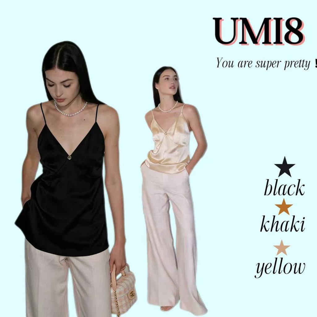 UMI8💝【ในสต็อก】💝 เสื้อสายเดี่ยวสีดำสำหรับผู้หญิง ทรงหลวม กระชับสัดส่วน เซ็กซี่ ทำจากผ้าซาตินอะซิเตท แขนกุด คอวีลึก