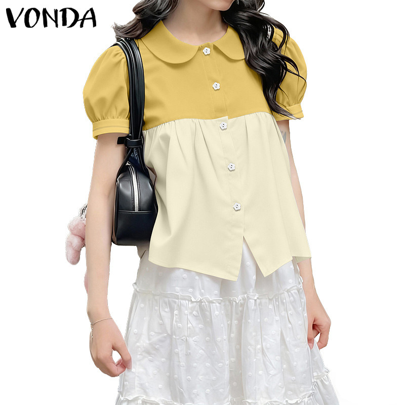 VONDA ผู้หญิงสาวเกาหลีปกตุ๊กตาเหมือน, แขนฟอง, การออกแบบส่วน, ความคมชัดสีบางส่วน, รูปร่าง A-Line หลวม