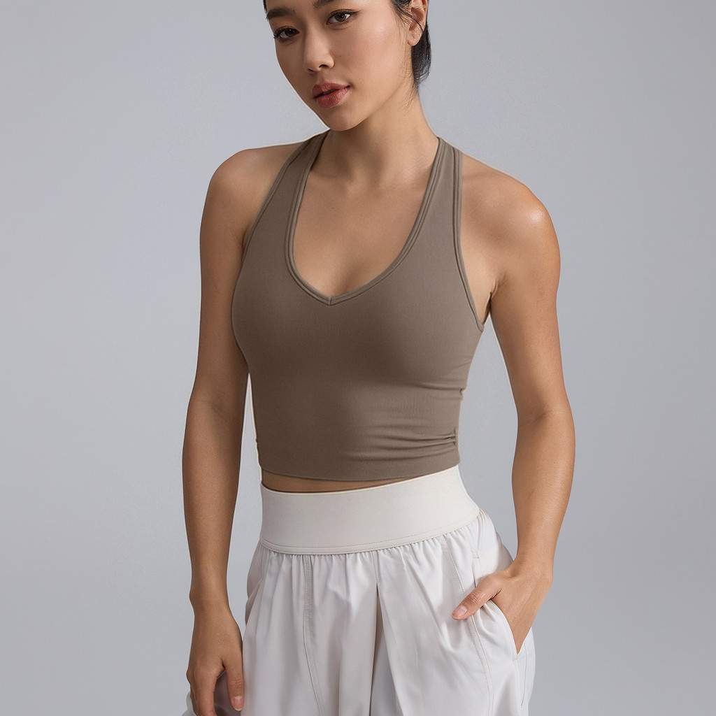 【LASYYOGA】 เสื้อกีฬาสตรีคอวี สายคอถอดได้ หลังเปิดโปร่งเซ็กซี่ สำหรับยิมและออกกำลังกาย