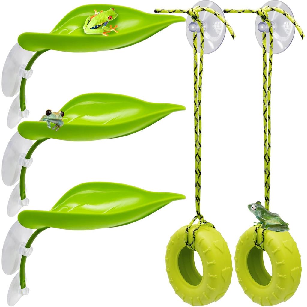 ต้นไม้กบ Habitat ของเล่นพลาสติกตกแต่งใบยาง Swing Habitat Miniature พร้อมถ้วยดูดกบ Habitat แพลตฟอร์ม 