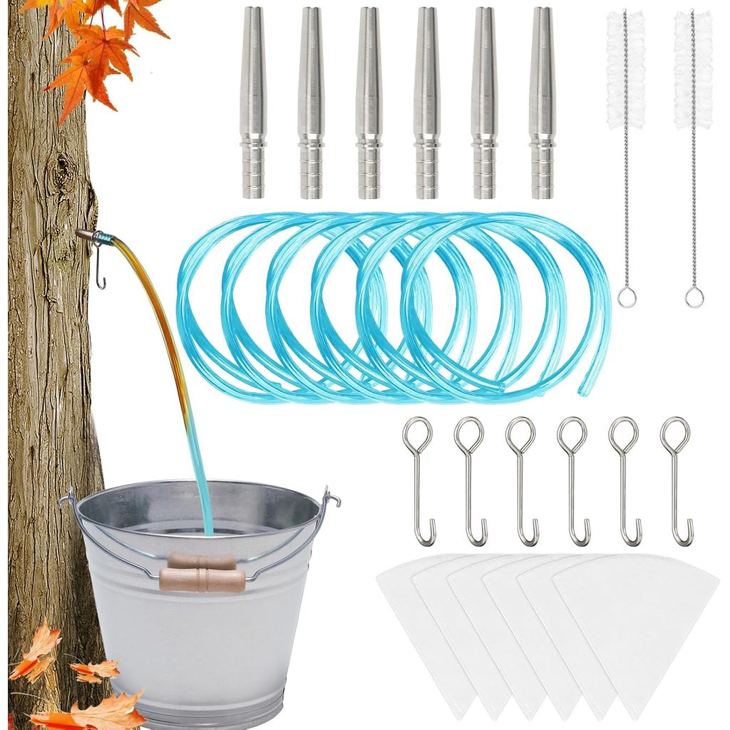 6 ชุด Maple Syrup Tapping Kit - 6 สแตนเลส Maple Tap Spiles & Hooks, 6 ท่อ, 2 แปรงทําความสะอาด, 6 ตัว