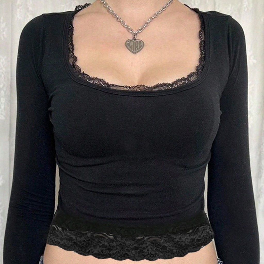 สไตล์เย็บ u บางแขนยาว t ลูกไม้ฤดูใบไม้ผลิลูกไม้ Bottoming Slim-fit y2k ดูสาวร้อนเสื้อคอปกเซ็กซี่