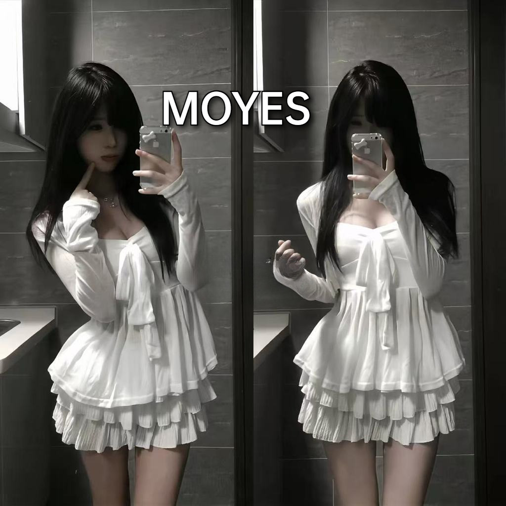 MOYES 🔥เสื้อสายเดี่ยวผูกโบว์หวานๆ ที่ดึงดูดใจ กระโปรงทรงเค้กเข้ารูป และเสื้อคลุมคาร์ดิแกนเข้ารูปสำหรับสวมทับ