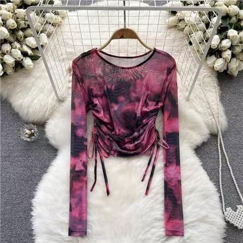เสื้อยืดคอกลมแขนยาวสำหรับผู้หญิง ออกแบบสไตล์ฝรั่งเศสรetro กับเทคนิค.tie-dye และสายคล้อง