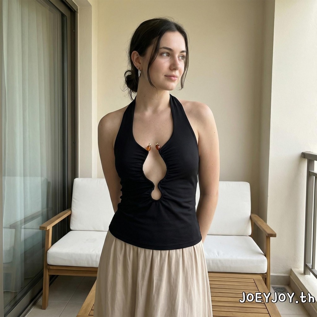 เสื้อกล้ามแขนกุดสตรี Boho Plunge Cutout ตัดเย็บเนี้ยบในสไตล์ Slim Fit สำหรับฤดูร้อน