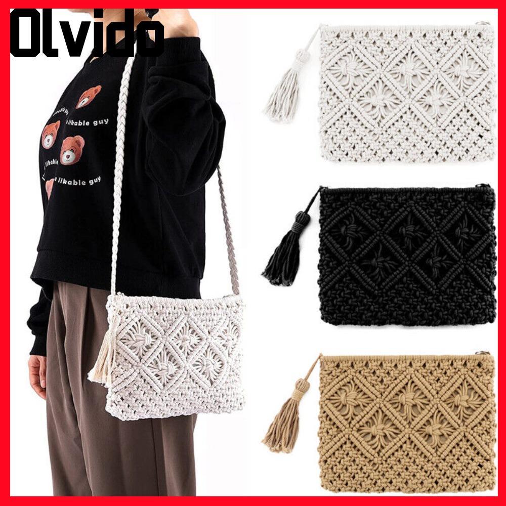 OLVIDO กระเป๋าโครเชต์ Bohemian Messenger Bag Summer Straw Beach Bag