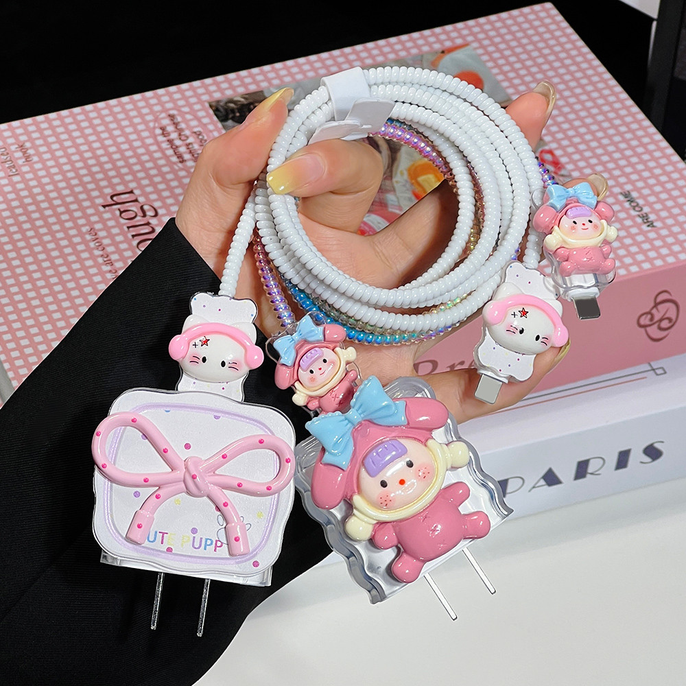 ✨COD✨ For iPhone 18W/20W ( 1เซ็ท5ชิ้น )ชุดแต่งสายชาร์จลายการ์ตูน เคสหัวชาร์จ ชุดถนอมสายชาร์จการ์ตูนน่ารักๆ