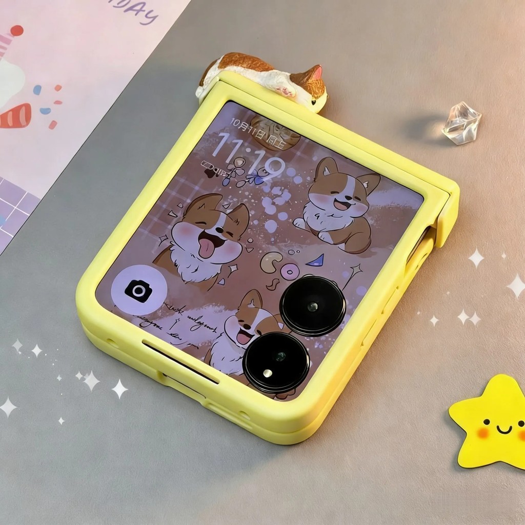 น่ารักเกาหลี 3D Cat เคสโทรศัพท์สีทึบสําหรับ Samsung Galaxy Z Flip7 Z Flip6 ZFlip5 สําหรับ Xiaomi Mix Flip2 mixflip ปกหลัง