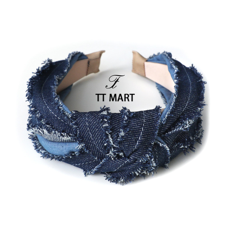 เย็บเกาหลี Multi-Layered Contrast สี Denim ขอบกว้างผูกปมแถบคาดศีรษะ Art Tear Edge Fluffy