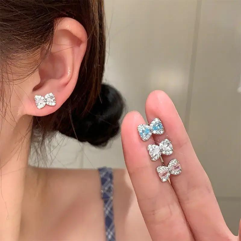 ต่างหูโบว์ประดับเพทาย ชุบเงิน แฟชั่น น่ารัก และใหม่ เครื่องประดับ