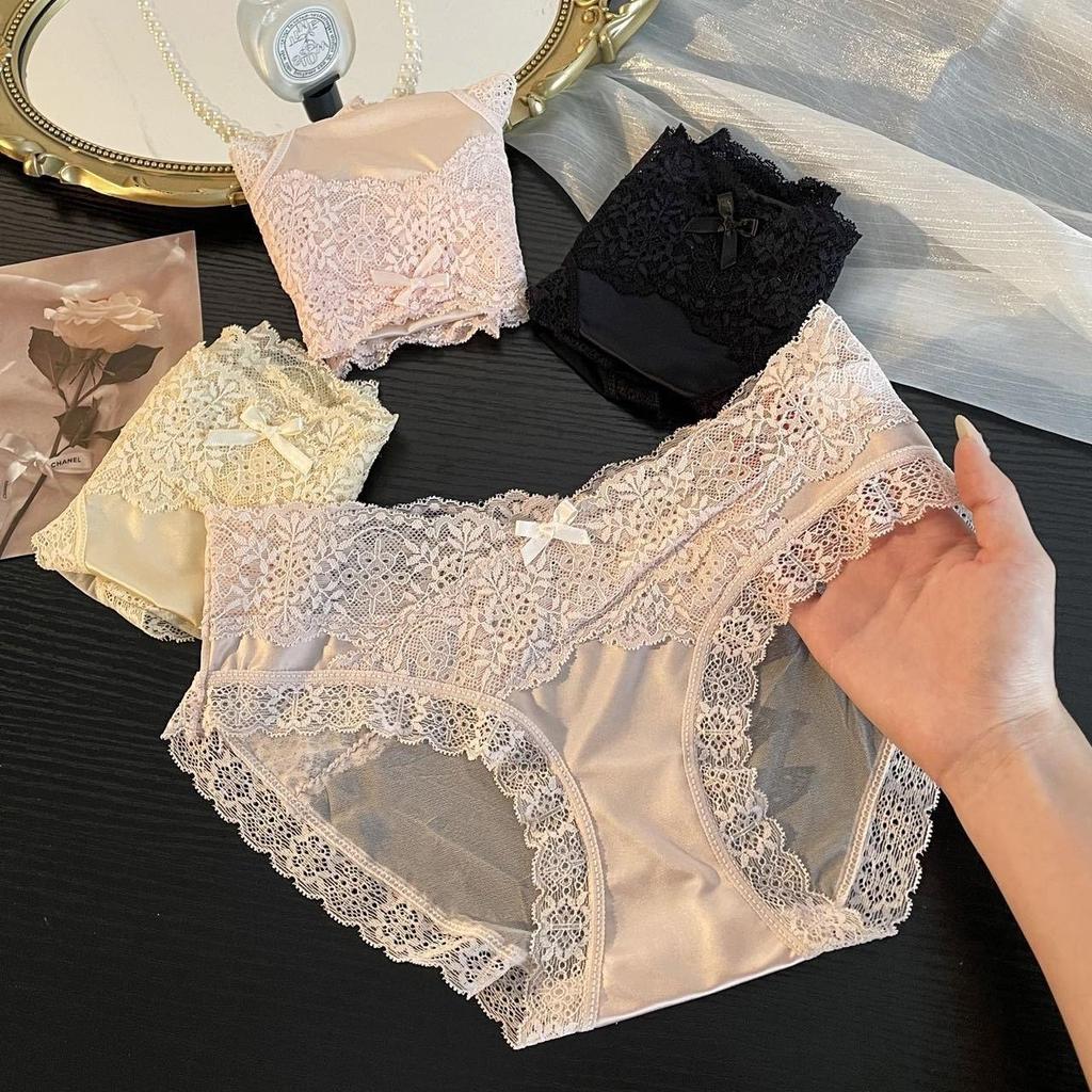 กางเกงชั้นในลูกไม้สำหรับผู้หญิง มีไซส์ M-XL ทำจากผ้าซาติน ไร้ตะเข็บ เนื้อผ้านุ่มลื่น ทรงเอวต่ำ เซ็กซี่