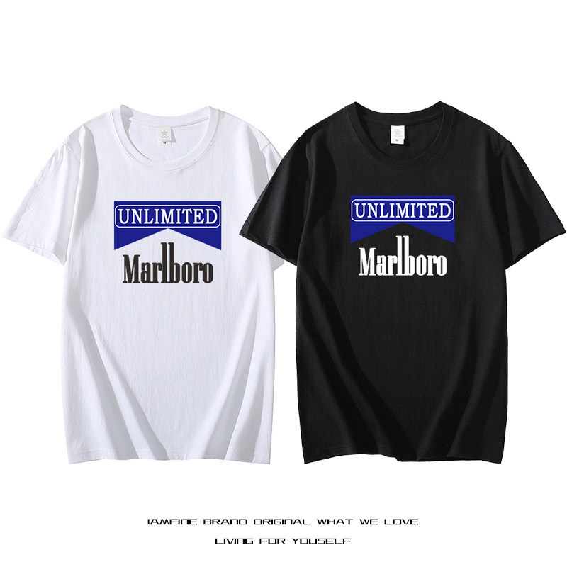 ผู้ชายผู้หญิงสไตล์เดียวกันหลวมรอบคอ Marlboro Marlboro กรณีบุหรี่โลโก้พิมพ์เสื้อยืดแขนสั้น
