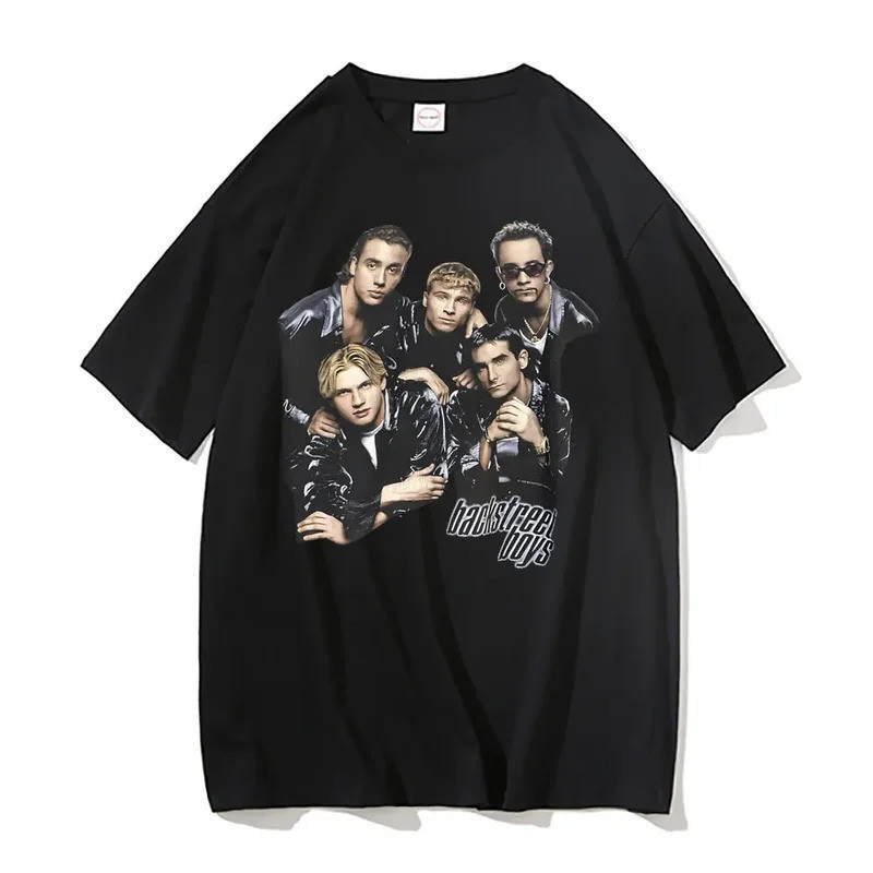 แบ็คสตรีทบอยส์ เสื้อยืดผู้ชาย วินเทจ โกธิค ร็อค สตรีทแวร์ เพลงป๊อป วงบอยแบนด์ BSB เสื้อยืดผู้ชาย คอ 