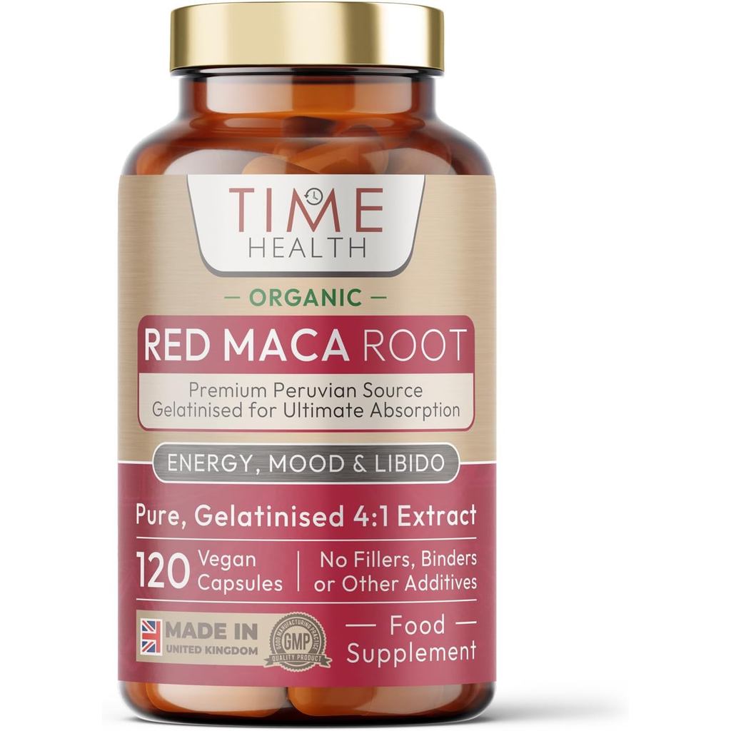 ราก Maca สีแดงออร์แกนิก - แคปซูลละ 2000 มก. - เปรู - เจลาตินสําหรับการดูดซึม - ผลิตเมื่อ - Pullula (120 แคปซูล)