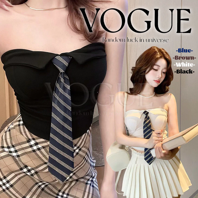 Vogue🌟พร้อมส่ง🌟 เสื้อเกาะอก เสริมฟองน้ำ ดีเทลแต่งเนคไท สีพื้นสไตล์สาวจีน (FY5608)