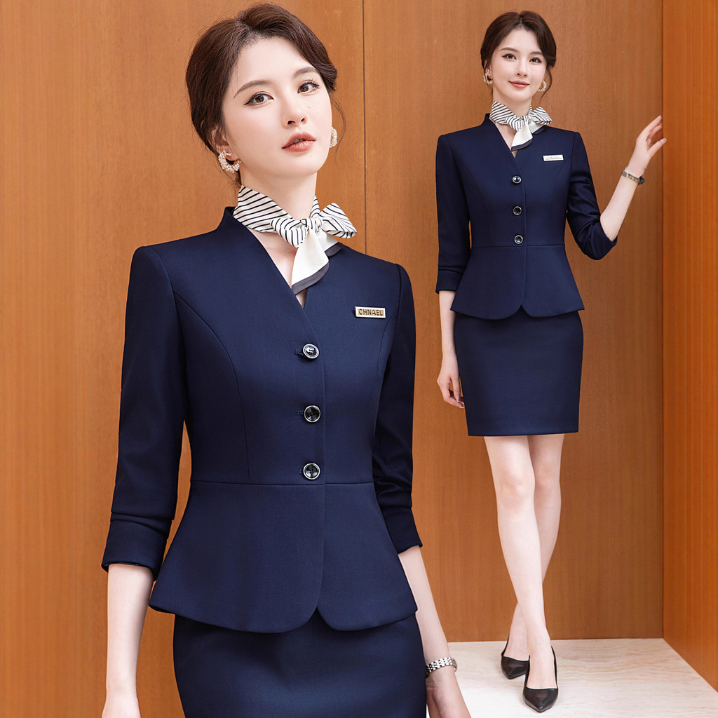3099ชุดสูทสีน้ําเงินชุดสูทหญิงอารมณ์มืออาชีพสวมใส่ฤดูใบไม้ผลิฤดูใบไม้ร่วงโรงแรมด้านหน้าโต๊ะผู้จัดการบริการทํางานพนักงานสวมเคร