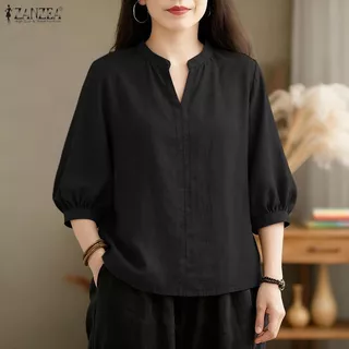 ZANZEA ผู้หญิงสไตล์เกาหลี เสื้อลายเรียบ คอสามส่วนแขนหลวม สไตล์แฟชั่นmodern