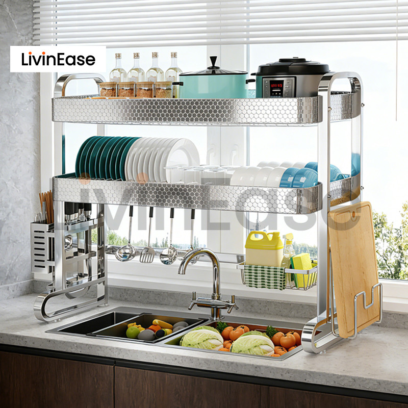 LivinEase ที่วางจานชามและช้อนส้อมแบบแขวนเหนืออ่างล้างจาน ทำจากสแตนเลส สำหรับจัดระเบียบในครัว