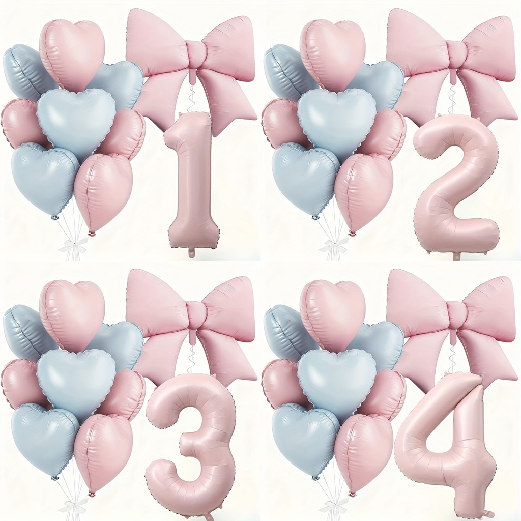 10 ชิ้นขนาดใหญ่ Matte ตัวเลขสีชมพูผสมสีฟ้าและสีชมพูหัวใจ Bows Party บอลลูนชุดเหมาะสําหรับวันเกิดครบรอบงานรื่นเริง