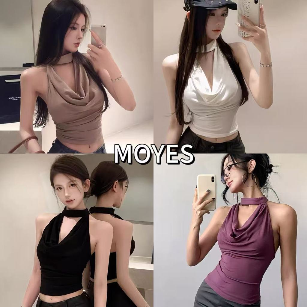 MOYES🔥เสื้อครอปสายคล้องคอแบบเปิดหลังสุดเซ็กซี่สำหรับสาวๆ ดีไซน์คอวี ทรงเข้ารูป สไตล์สั้นทันสมัย ​​เซ็กซี่และมีเสน่ห์
