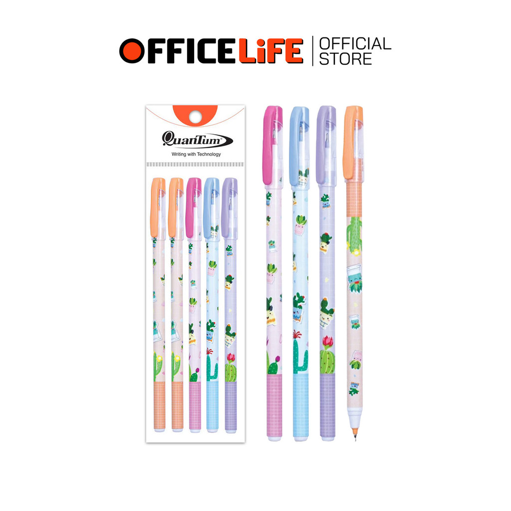Quantum (ควอนตัม) ปากกา ปากกาลูกลื่น skate รุ่น Cactus ขนาด 0.6 mm หมึกน้ำเงิน คละสี ( 5 ด้าม / แพ็ค