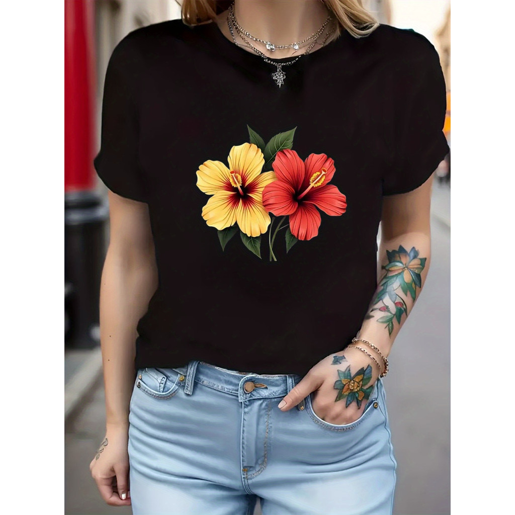 ท็อปส์ซูเสื้ T-Shirt ลายดอกไฮบิสคัสทรอปิคอลสำหรับผู้หญิง - แขนสั้นคอวียืดหยุ่นนุ่มสบาย