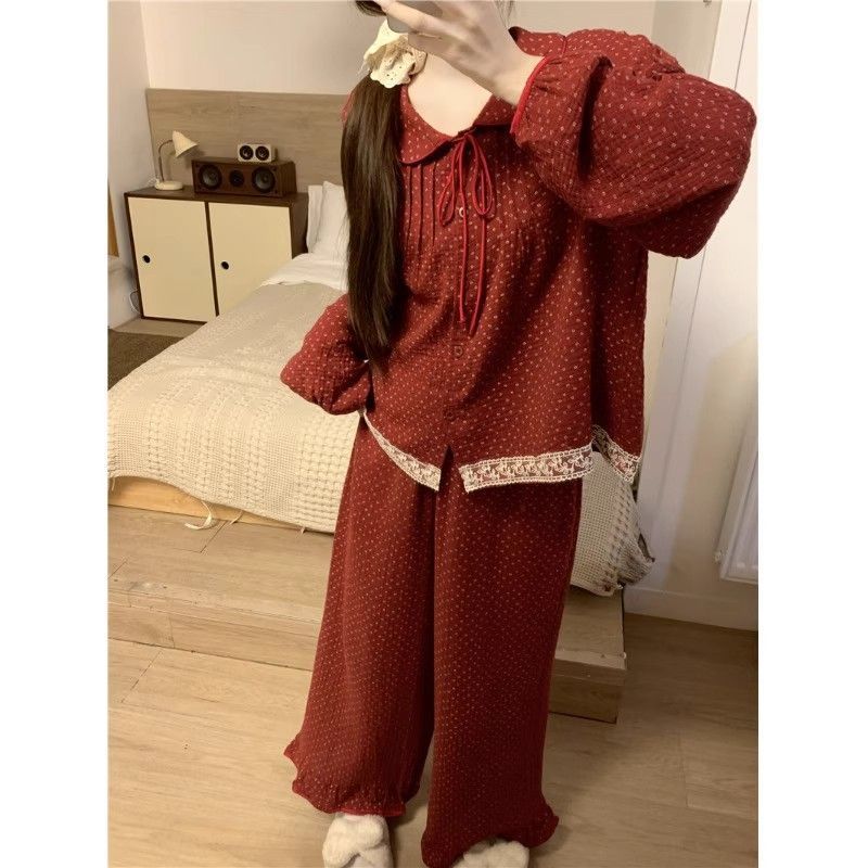 ตุ๊กตาสาวน่ารักคอปกดอกไม้หวานกางเกงแขนยาวเส้นด้ายฝ้ายชุดนอนฤดูใบไม้ร่วงลดอายุHomewearสูท 2BNC