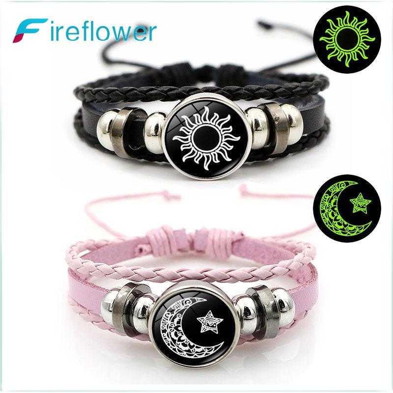 Fireflower 2 ชิ้น Luminous คู่สร้อยข้อมือ Sun Moon ปรับ Bla สร้อยข้อมือมิตรภาพแฟชั่นโรแมนติกเครื่องประดับของขวัญวันเกิด