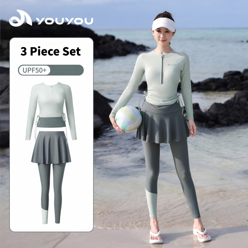 ผู้หญิงสามชิ้น Rash Guards ชุดว่ายน้ําแขนยาวด้านบนและด้านล่าง UV Sun Protection เสื้อว่ายน้ํา + กระโปรงชุดว่ายน้ําเต็มรูปแบบ