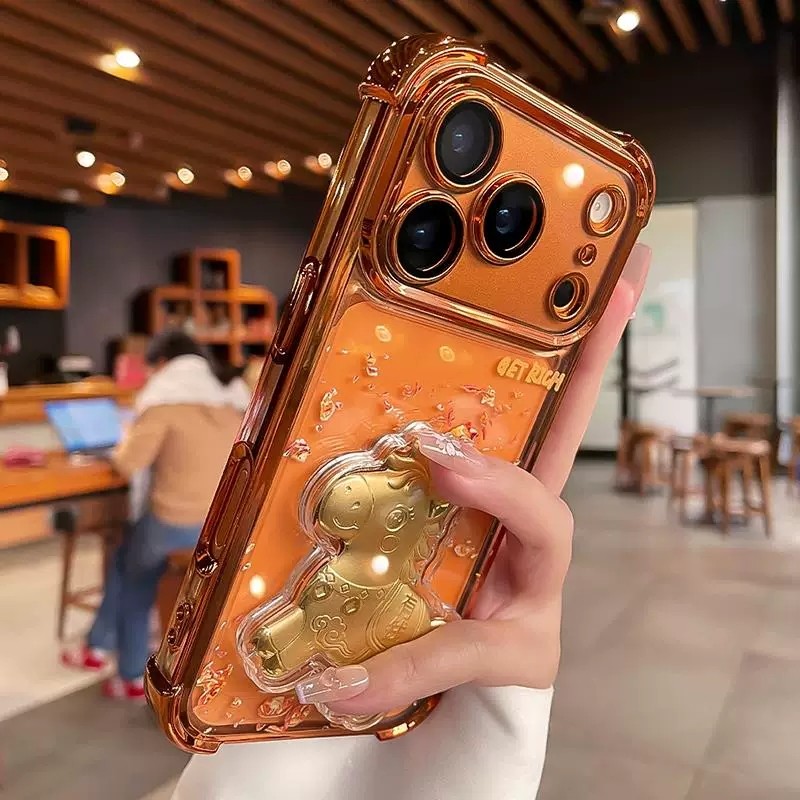 3D Rich Golden Horseเคสโทรศัพท์โปร่งใสสําหรับiPhone 17 16 15 14 13 12 11 ProMax Air Plusกันกระแทกชุบปกอ่อน