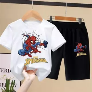 [COD] เด็กชายกีฬา Spider-Man ธีมเด็กฤดูร้อนเสื้อผ้าแขนสั้นเสื้อยืดหล่อสไตล์ตะวันตกกางเกงขาสั้นสองชิ้นอัพเกรดเด็กชายกีฬา