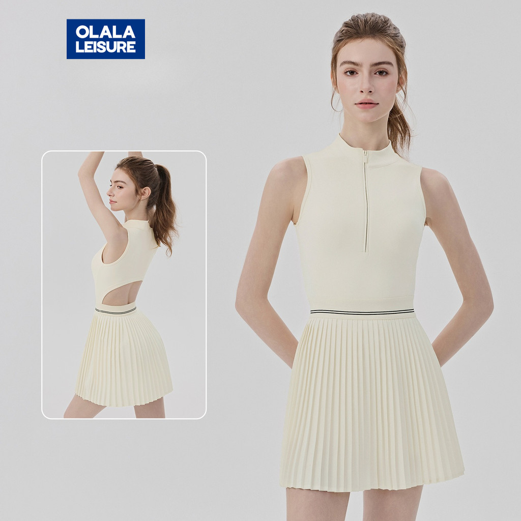 OLALA ผู้หญิงแขนกุดเทนนิสชุดในตัว Bra ตาข่ายกลับโยคะ Jumpsuit Cool Ruffle กระโปรงกีฬาไม่มีลื่น