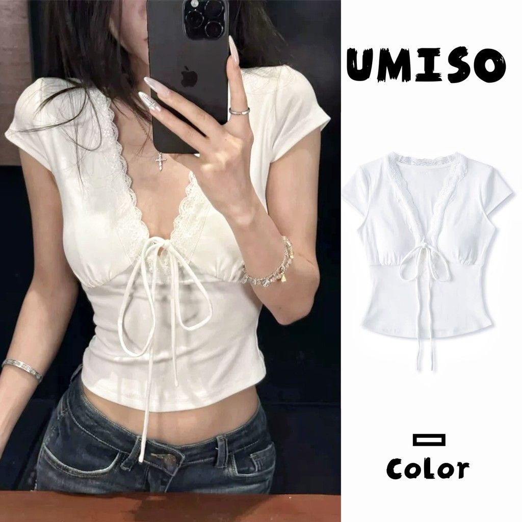 ส่งไวจากไทย เสื้อผู้หญิงแขนสั้น คอวีแต่งลูกไม้ ดีไซน์เข้ารูป UMISO