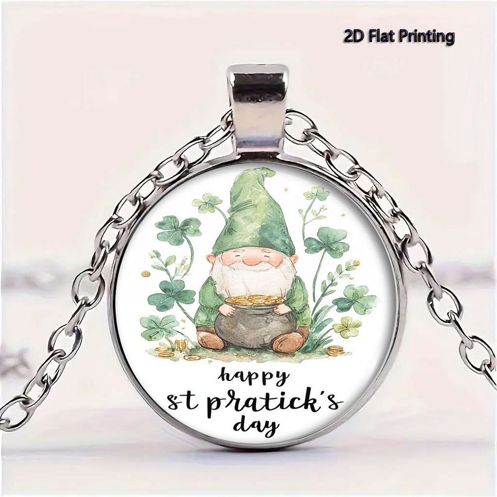1PC 2D แบนพิมพ์สีเขียว Gnome Clover St Patricks สร้อยคอ, วันครู/วันวาเลนไทน์/ครอบครัว/รับปริญญา