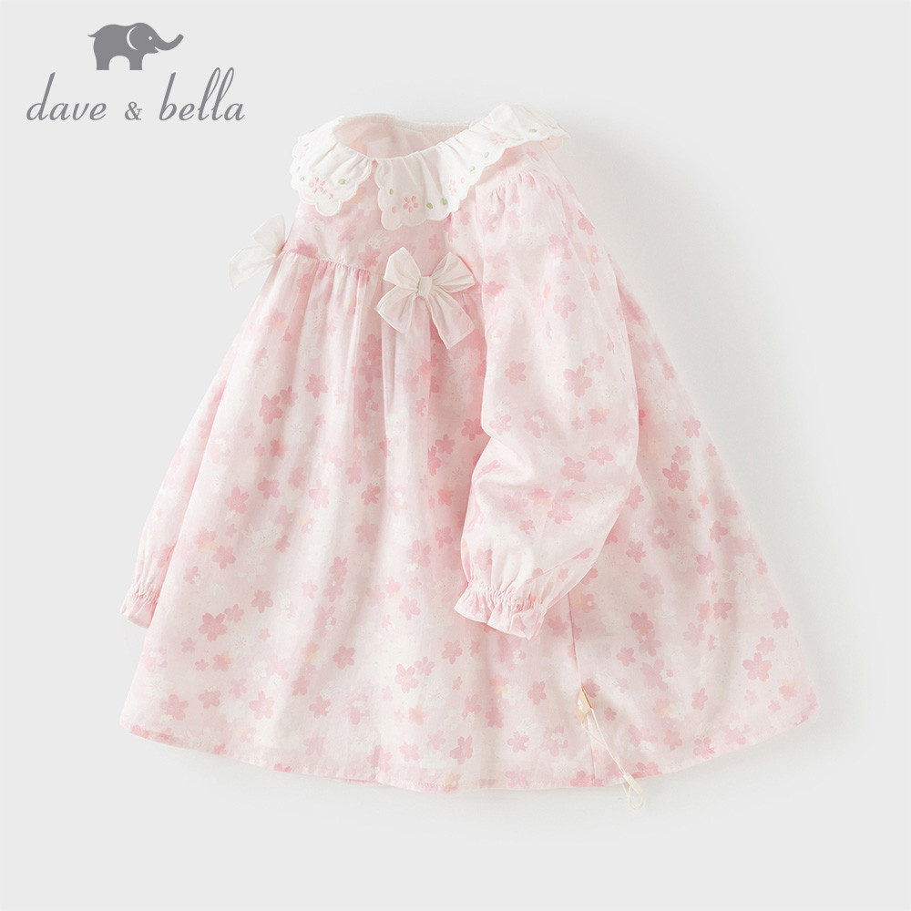 Dave Bella 6M-7Y เดรสแขนยาว ลายดอก รสโบว์ เด็กหญิง Cotton น่ารักๆ ปกเสื้อปีเตอร์แพน หวาน DB1260550