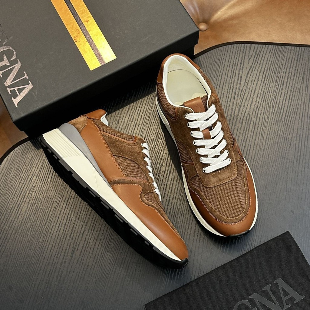 ZEGNA รองเท้าผ้าใบหนังแท้ตาข่ายพื้นหนาสําหรับผู้ชายสไตล์ใหม่